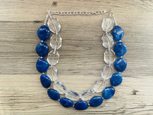 Load image into Gallery viewer, Dark Blue & Clear Resin Double Strand Statement Necklace, Chunky Royal Blue Oval Beaded Bib Jewelry, blue jewlery necklace earrings