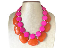 Load image into Gallery viewer, Pink & Orange Necklace, multi strand jewelry, big beaded chunky statement necklace, pink necklace, bridesmaid necklace, orange necklace