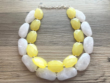 Load image into Gallery viewer, Lemon Yellow & White Necklace, multi strand jewelry, big beaded chunky statement necklace, pink necklace, bridesmaid necklace, bib necklace