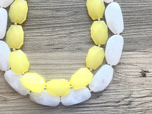 Load image into Gallery viewer, Lemon Yellow & White Necklace, multi strand jewelry, big beaded chunky statement necklace, pink necklace, bridesmaid necklace, bib necklace