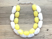 Load image into Gallery viewer, Lemon Yellow & White Necklace, multi strand jewelry, big beaded chunky statement necklace, pink necklace, bridesmaid necklace, bib necklace