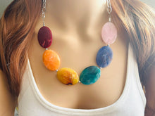 Load image into Gallery viewer, Rainbow Statement Necklace, rainbow jewelry, Your Choice GOLD or SILVER, colorful bib chunky necklace, rainbow necklace beaded