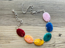 Load image into Gallery viewer, Rainbow Statement Necklace, rainbow jewelry, Your Choice GOLD or SILVER, colorful bib chunky necklace, rainbow necklace beaded