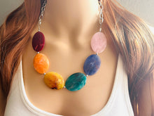 Load image into Gallery viewer, Rainbow Statement Necklace, rainbow jewelry, Your Choice GOLD or SILVER, colorful bib chunky necklace, rainbow necklace beaded