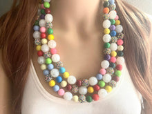 Load image into Gallery viewer, Triple Rainbow Beaded Necklace, Colorful Jewelry, Chunky statement necklace, big beaded necklace, rainbow jewelry, birthday baby confetti