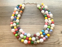 Load image into Gallery viewer, Triple Rainbow Beaded Necklace, Colorful Jewelry, Chunky statement necklace, big beaded necklace, rainbow jewelry, birthday baby confetti
