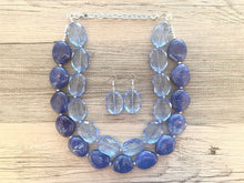 Load image into Gallery viewer, Light Blue Double Strand Statement Necklace, Chunky Royal Blue Oval Beaded Bib Jewelry, blue jewelry, dark blue jewlery necklace earrings
