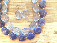 Load image into Gallery viewer, Light Blue Double Strand Statement Necklace, Chunky Royal Blue Oval Beaded Bib Jewelry, blue jewelry, dark blue jewlery necklace earrings