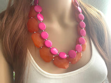 Load image into Gallery viewer, Pink & Orange Necklace, multi strand jewelry, big beaded chunky statement necklace, pink necklace, bridesmaid necklace, orange necklace