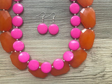 Load image into Gallery viewer, Pink & Orange Necklace, multi strand jewelry, big beaded chunky statement necklace, pink necklace, bridesmaid necklace, orange necklace