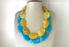 Load image into Gallery viewer, Yellow & Caribbean Necklace, double strand jewelry, big beaded chunky statement necklace, blue necklace, turquoise jewelry, yellow jewelry
