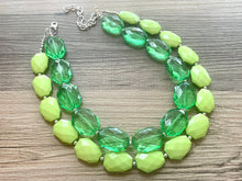 Load image into Gallery viewer, Chunky Statement Apple Green Necklace, multi strand colorful jewelry, big beaded chunky statement necklace, lime necklace, light green
