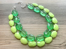 Load image into Gallery viewer, Chunky Statement Apple Green Necklace, multi strand colorful jewelry, big beaded chunky statement necklace, lime necklace, light green