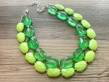 Load image into Gallery viewer, Chunky Statement Apple Green Necklace, multi strand colorful jewelry, big beaded chunky statement necklace, lime necklace, light green