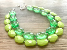 Load image into Gallery viewer, Chunky Statement Apple Green Necklace, multi strand colorful jewelry, big beaded chunky statement necklace, lime necklace, light green