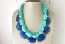 Load image into Gallery viewer, Royal Blue & Mint Chunky Statement Necklace, Big beaded jewelry, double strand Statement Necklace, chunky green dark blue bib earrings