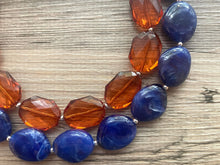Load image into Gallery viewer, Brown & Royal Blue Statement Necklace, Chunky Beaded Necklace, Chocolate Jewelry, dark blue Necklace, blue brown beaded necklace