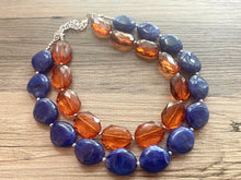 Load image into Gallery viewer, Brown & Royal Blue Statement Necklace, Chunky Beaded Necklace, Chocolate Jewelry, dark blue Necklace, blue brown beaded necklace