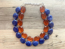 Load image into Gallery viewer, Brown & Royal Blue Statement Necklace, Chunky Beaded Necklace, Chocolate Jewelry, dark blue Necklace, blue brown beaded necklace