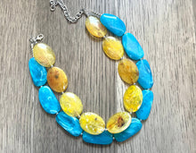 Load image into Gallery viewer, Yellow & Caribbean Necklace, double strand jewelry, big beaded chunky statement necklace, blue necklace, turquoise jewelry, yellow jewelry