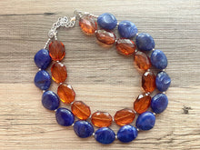 Load image into Gallery viewer, Brown & Royal Blue Statement Necklace, Chunky Beaded Necklace, Chocolate Jewelry, dark blue Necklace, blue brown beaded necklace