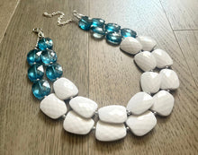 Load image into Gallery viewer, Nautical Chunky Statement Necklace, Big beaded jewelry, Double Strand Statement Necklace, navy blue white, navy necklace, white