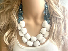 Load image into Gallery viewer, Nautical Chunky Statement Necklace, Big beaded jewelry, Double Strand Statement Necklace, navy blue white, navy necklace, white