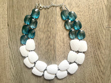 Load image into Gallery viewer, Nautical Chunky Statement Necklace, Big beaded jewelry, Double Strand Statement Necklace, navy blue white, navy necklace, white