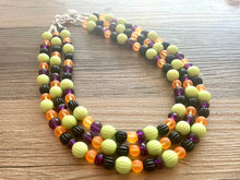 Load image into Gallery viewer, Fall Statement Necklace, green purple black Orange, Triple Strand Statement Necklace, fall colors, chunky autumn necklace, beaded