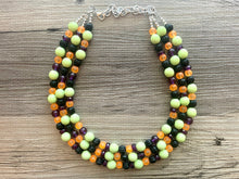 Load image into Gallery viewer, Fall Statement Necklace, green purple black Orange, Triple Strand Statement Necklace, fall colors, chunky autumn necklace, beaded
