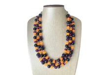 Load image into Gallery viewer, Fall Statement Necklace, purple black Orange, Triple Strand Statement Necklace, fall colors, chunky autumn necklace, champagne beaded