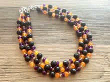 Load image into Gallery viewer, Fall Statement Necklace, purple black Orange, Triple Strand Statement Necklace, fall colors, chunky autumn necklace, champagne beaded