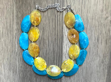 Load image into Gallery viewer, Yellow & Caribbean Necklace, double strand jewelry, big beaded chunky statement necklace, blue necklace, turquoise jewelry, yellow jewelry