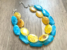Load image into Gallery viewer, Yellow & Caribbean Necklace, double strand jewelry, big beaded chunky statement necklace, blue necklace, turquoise jewelry, yellow jewelry