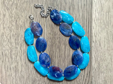 Load image into Gallery viewer, Big Bead light Blue & Royal Necklace, Double Strand Statement Jewelry, pool carribbean Chunky bib bridesmaid or everyday bubble jewelry