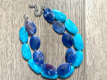 Load image into Gallery viewer, Big Bead light Blue & Royal Necklace, Double Strand Statement Jewelry, pool carribbean Chunky bib bridesmaid or everyday bubble jewelry