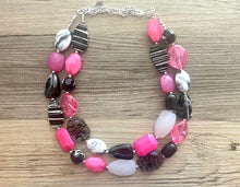 Load image into Gallery viewer, Pink Black White chunky necklace, hot pink beaded jewelry, resin beaded White necklace, pink beaded necklace, black and white necklace