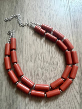 Load image into Gallery viewer, Rust statement necklace, double strand jewelry, burnt orange wedding Chunky Statement Necklace, silver orange beaded jewelry chunky