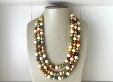 Load image into Gallery viewer, Triple Gold Rainbow + Wood Painted Beaded Necklace, Colorful Jewelry Chunky statement necklace, big beaded necklace jewelry painted tan
