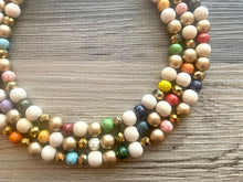 Load image into Gallery viewer, Triple Gold Rainbow + Wood Painted Beaded Necklace, Colorful Jewelry Chunky statement necklace, big beaded necklace jewelry painted tan