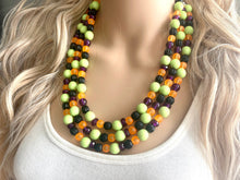 Load image into Gallery viewer, Fall Statement Necklace, green purple black Orange, Triple Strand Statement Necklace, fall colors, chunky autumn necklace, beaded