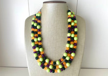 Load image into Gallery viewer, Fall Statement Necklace, green purple black Orange, Triple Strand Statement Necklace, fall colors, chunky autumn necklace, beaded