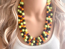 Load image into Gallery viewer, Fall Statement Necklace, green purple black Orange, Triple Strand Statement Necklace, fall colors, chunky autumn necklace, beaded
