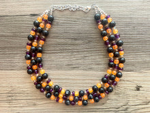 Load image into Gallery viewer, Fall Statement Necklace, purple black Orange, Triple Strand Statement Necklace, fall colors, chunky autumn necklace, champagne beaded
