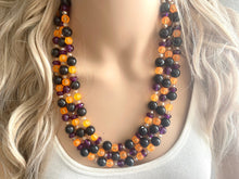 Load image into Gallery viewer, Fall Statement Necklace, purple black Orange, Triple Strand Statement Necklace, fall colors, chunky autumn necklace, champagne beaded