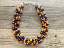 Load image into Gallery viewer, Fall Statement Necklace, purple black Orange, Triple Strand Statement Necklace, fall colors, chunky autumn necklace, champagne beaded
