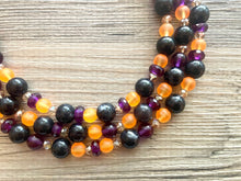 Load image into Gallery viewer, Fall Statement Necklace, purple black Orange, Triple Strand Statement Necklace, fall colors, chunky autumn necklace, champagne beaded
