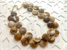 Load image into Gallery viewer, Neutral Statement Necklace, chunky beaded jewelry, chunky brown & cream coffee necklace, color block beaded necklace, beaded jewelry tan