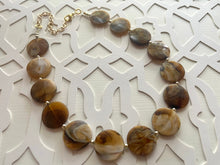 Load image into Gallery viewer, Neutral Statement Necklace, chunky beaded jewelry, chunky brown & cream coffee necklace, color block beaded necklace, beaded jewelry tan