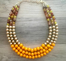 Load image into Gallery viewer, Fall Pumpkin Necklace, triple strand jewelry, big beaded chunky statement necklace, bridesmaid necklace champagne orange brown red